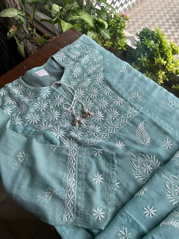 Green Semi Stitched Kota Chikankari Kurta Dupatta Set With All Over Mukaish Kamdani Work - Image 3