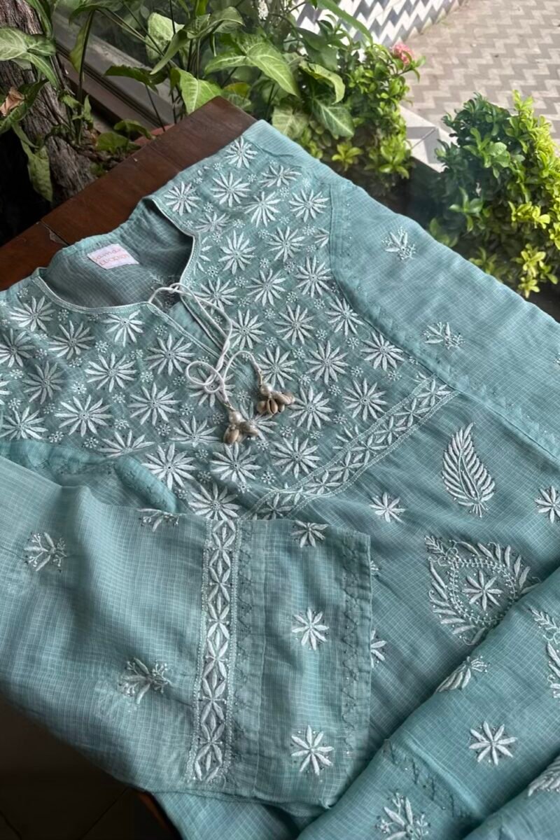 Green Semi Stitched Kota Chikankari Kurta Dupatta Set With All Over Mukaish Kamdani Work