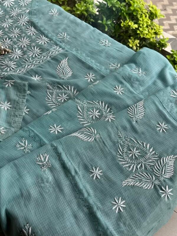 Green Semi Stitched Kota Chikankari Kurta Dupatta Set With All Over Mukaish Kamdani Work - Image 4