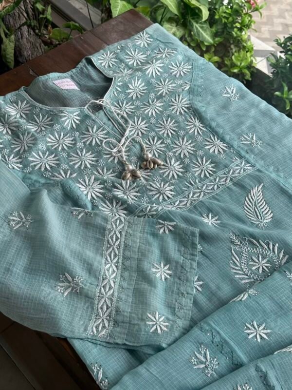 Green Semi Stitched Kota Chikankari Kurta Dupatta Set With All Over Mukaish Kamdani Work - Image 2