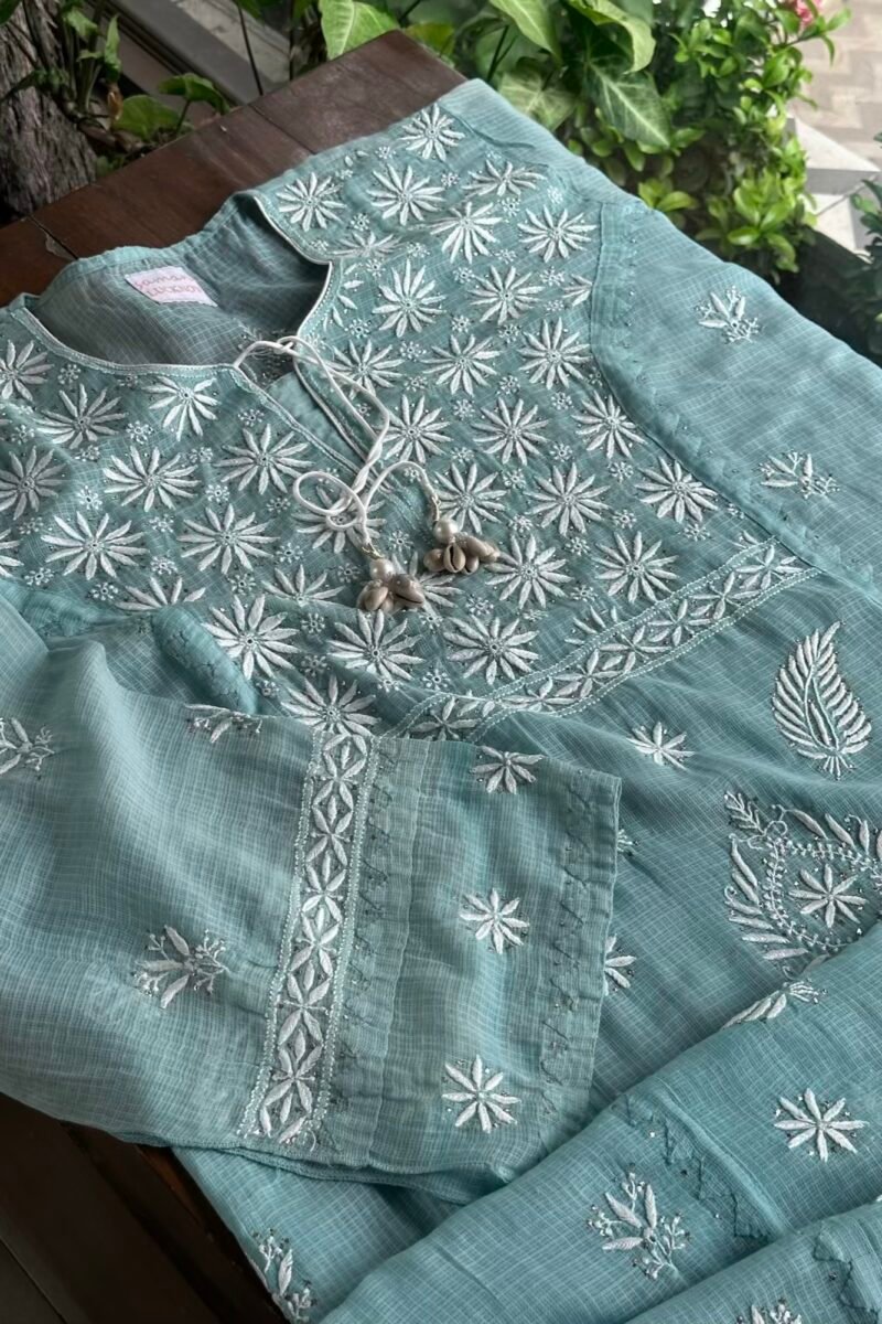 Green Semi Stitched Kota Chikankari Kurta Dupatta Set With All Over Mukaish Kamdani Work