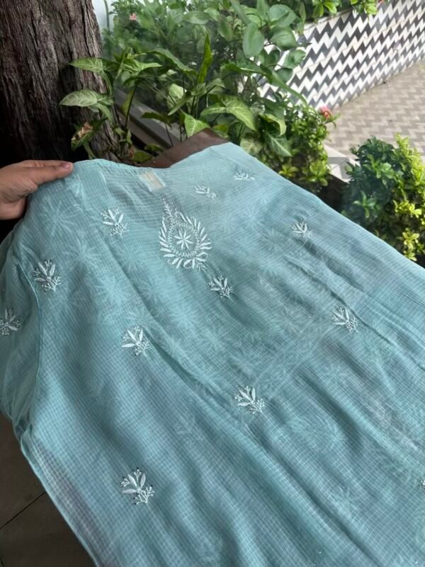 Green Semi Stitched Kota Chikankari Kurta Dupatta Set With All Over Mukaish Kamdani Work - Image 7