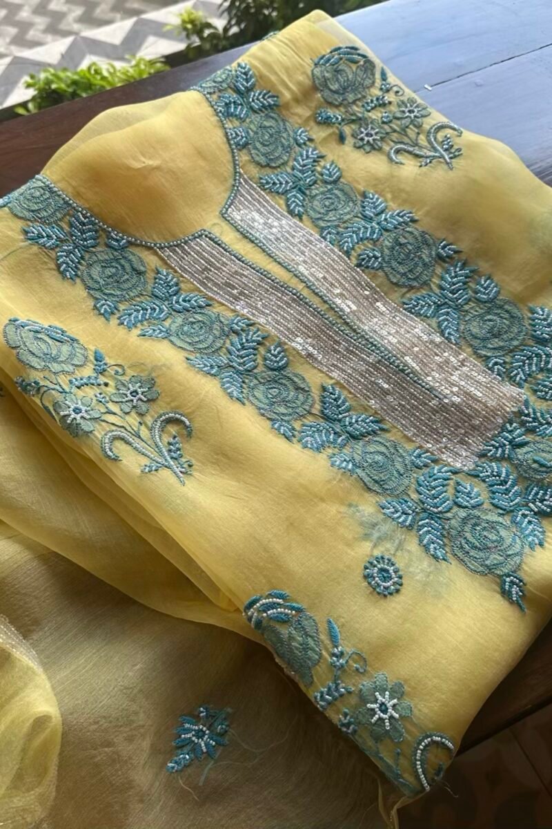 Neon Noor Organza Silk Chikankari Unstitched Kurta Dupatta Set