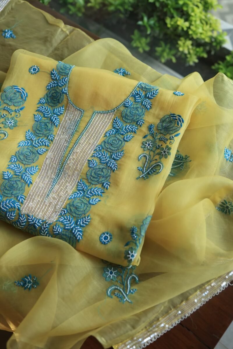 Neon Noor Organza Silk Chikankari Unstitched Kurta Dupatta Set