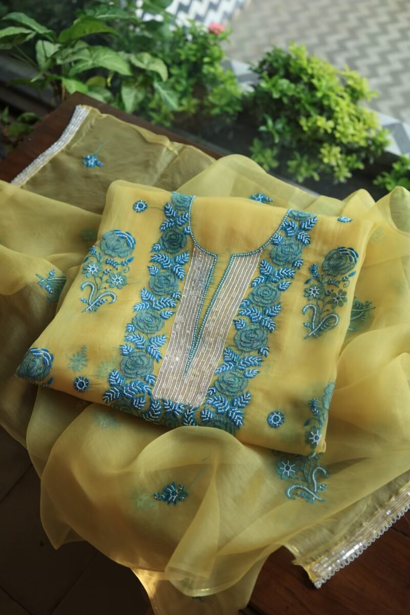 Neon Noor Organza Silk Chikankari Unstitched Kurta Dupatta Set