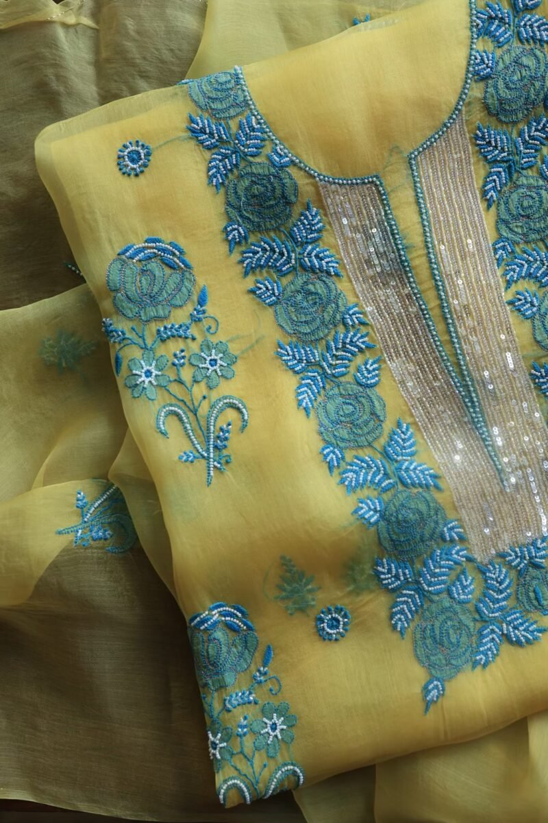Neon Noor Organza Silk Chikankari Unstitched Kurta Dupatta Set