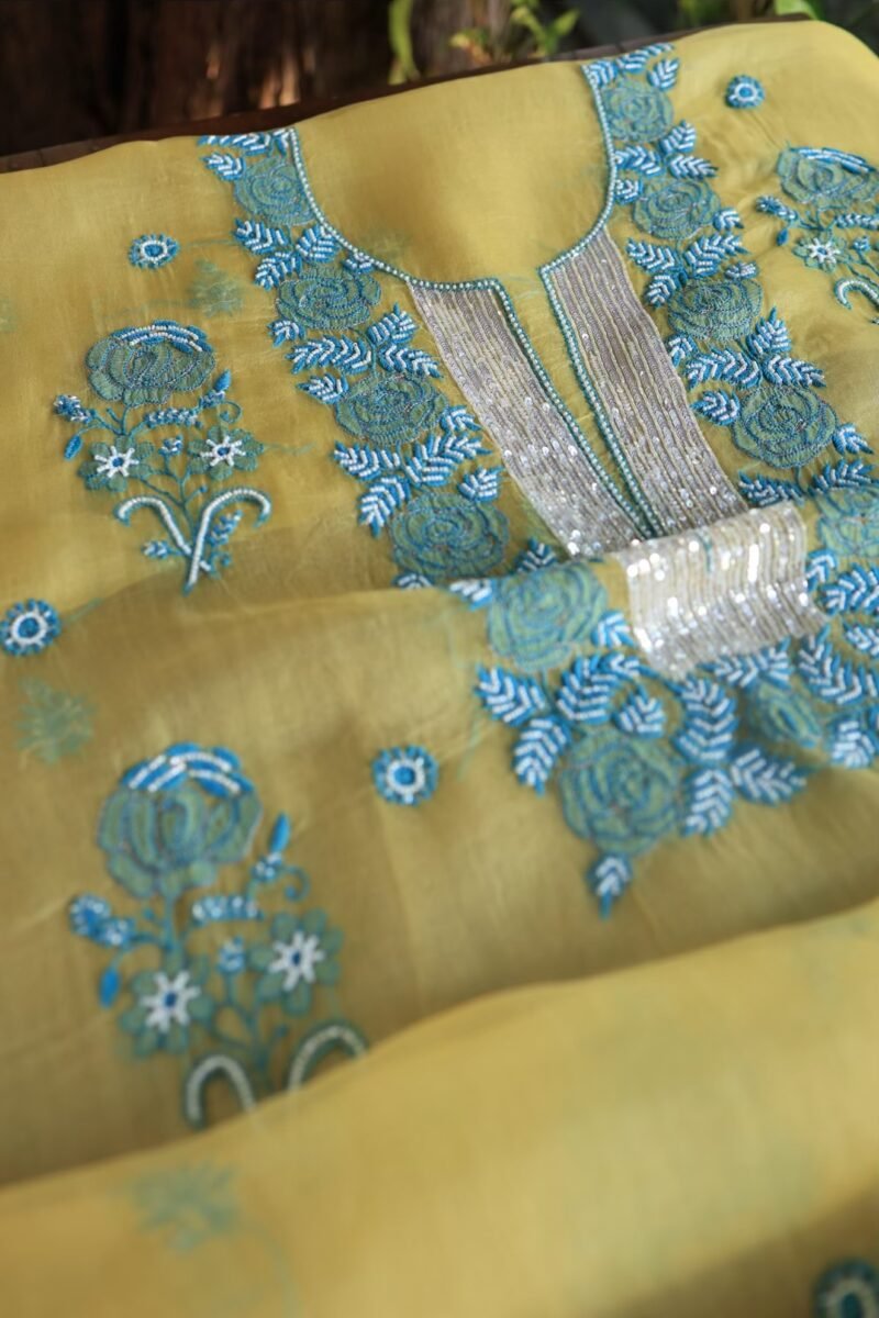 Neon Noor Organza Silk Chikankari Unstitched Kurta Dupatta Set