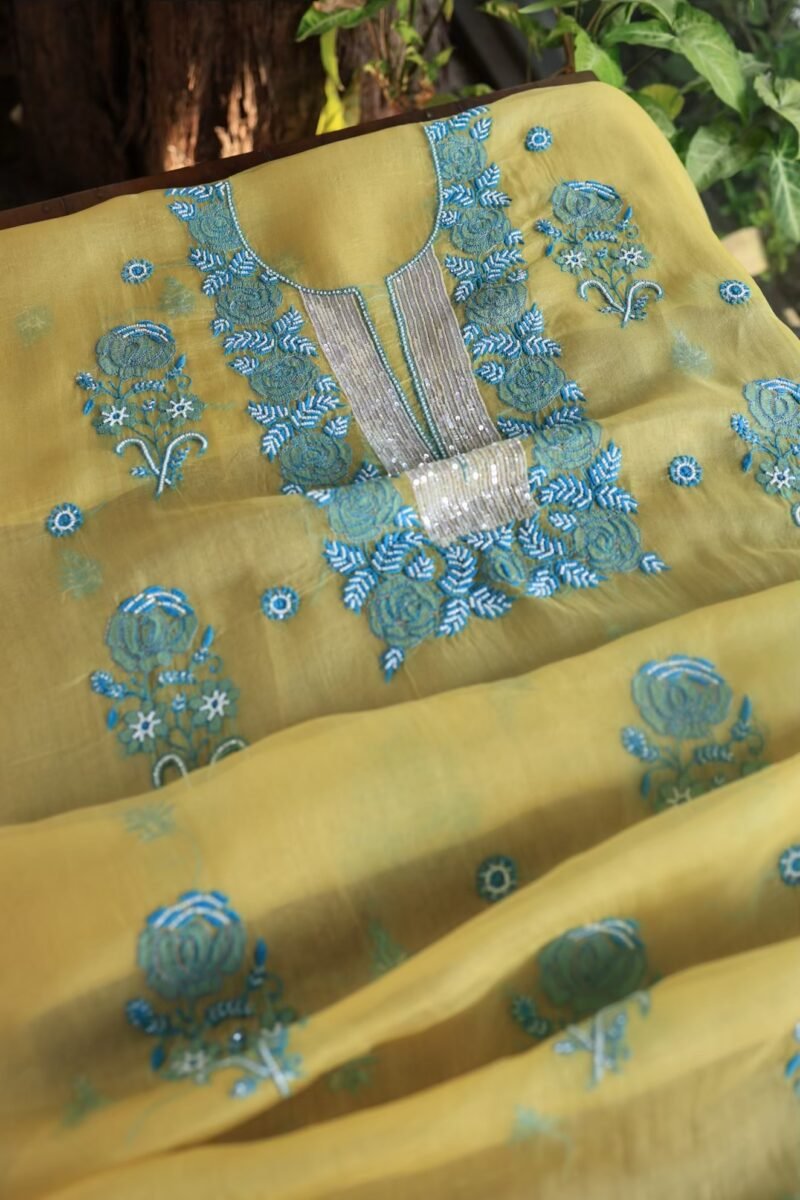 Neon Noor Organza Silk Chikankari Unstitched Kurta Dupatta Set