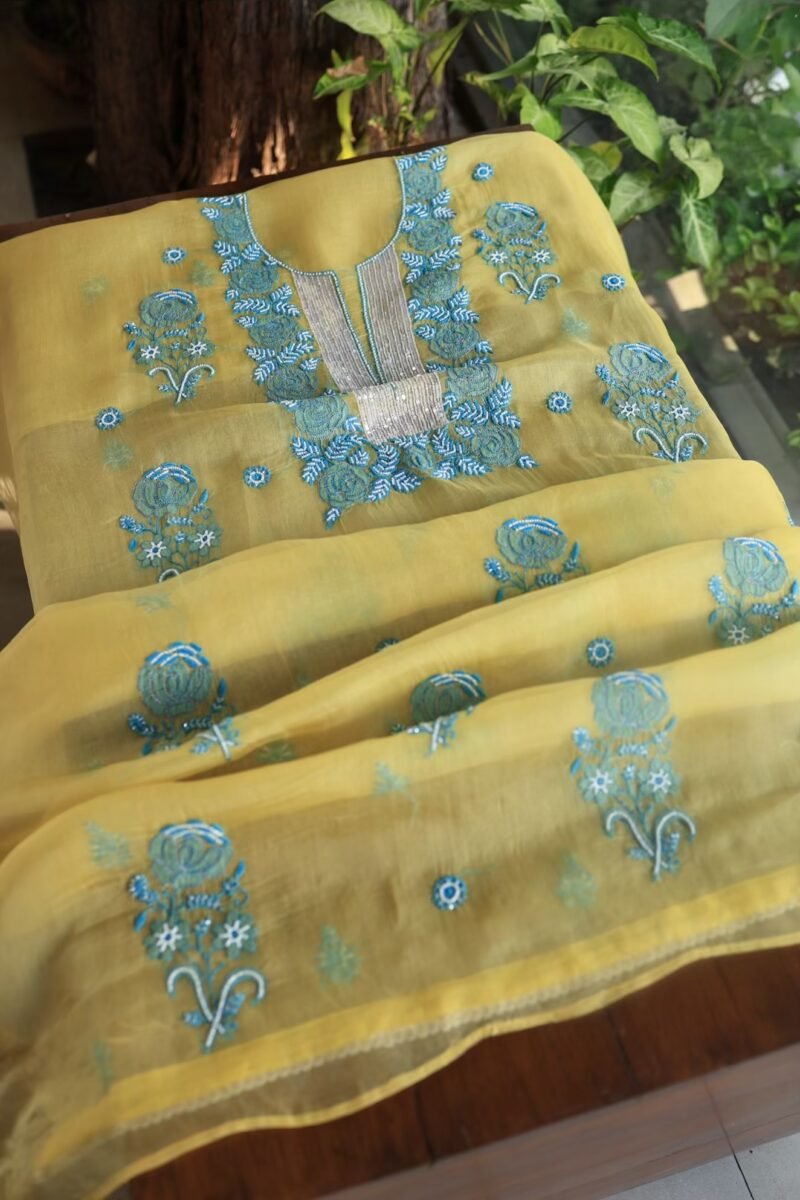 Neon Noor Organza Silk Chikankari Unstitched Kurta Dupatta Set