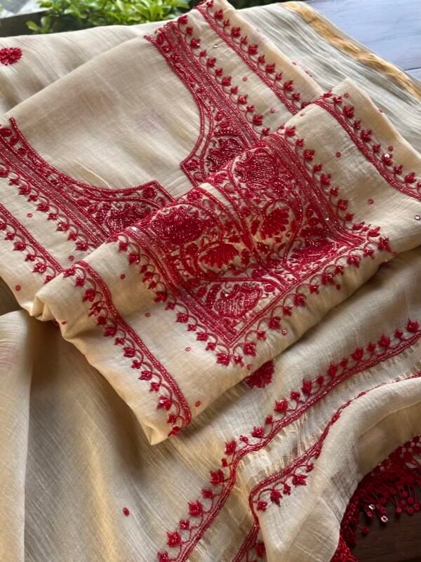 Beige & Red Mal Chanderi Silk Chikankari With Sequins Unstitched Kurta Dupatta Set - Image 4