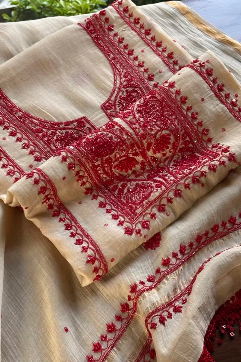 Beige & Red Mal Chanderi Silk Chikankari With Sequins Unstitched Kurta Dupatta Set
