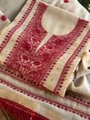Beige & Red Mal Chanderi Silk Chikankari With Sequins Unstitched Kurta Dupatta Set