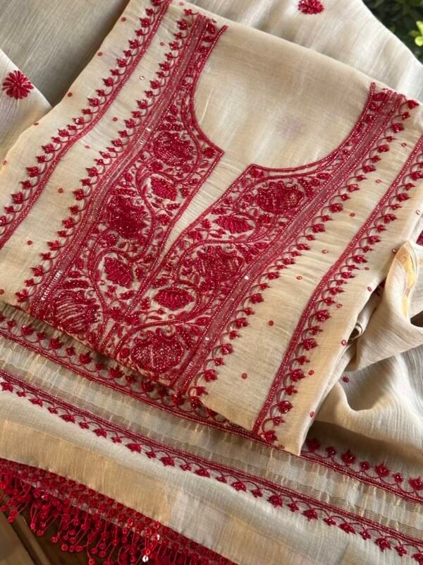 Beige & Red Mal Chanderi Silk Chikankari With Sequins Unstitched Kurta Dupatta Set - Image 3