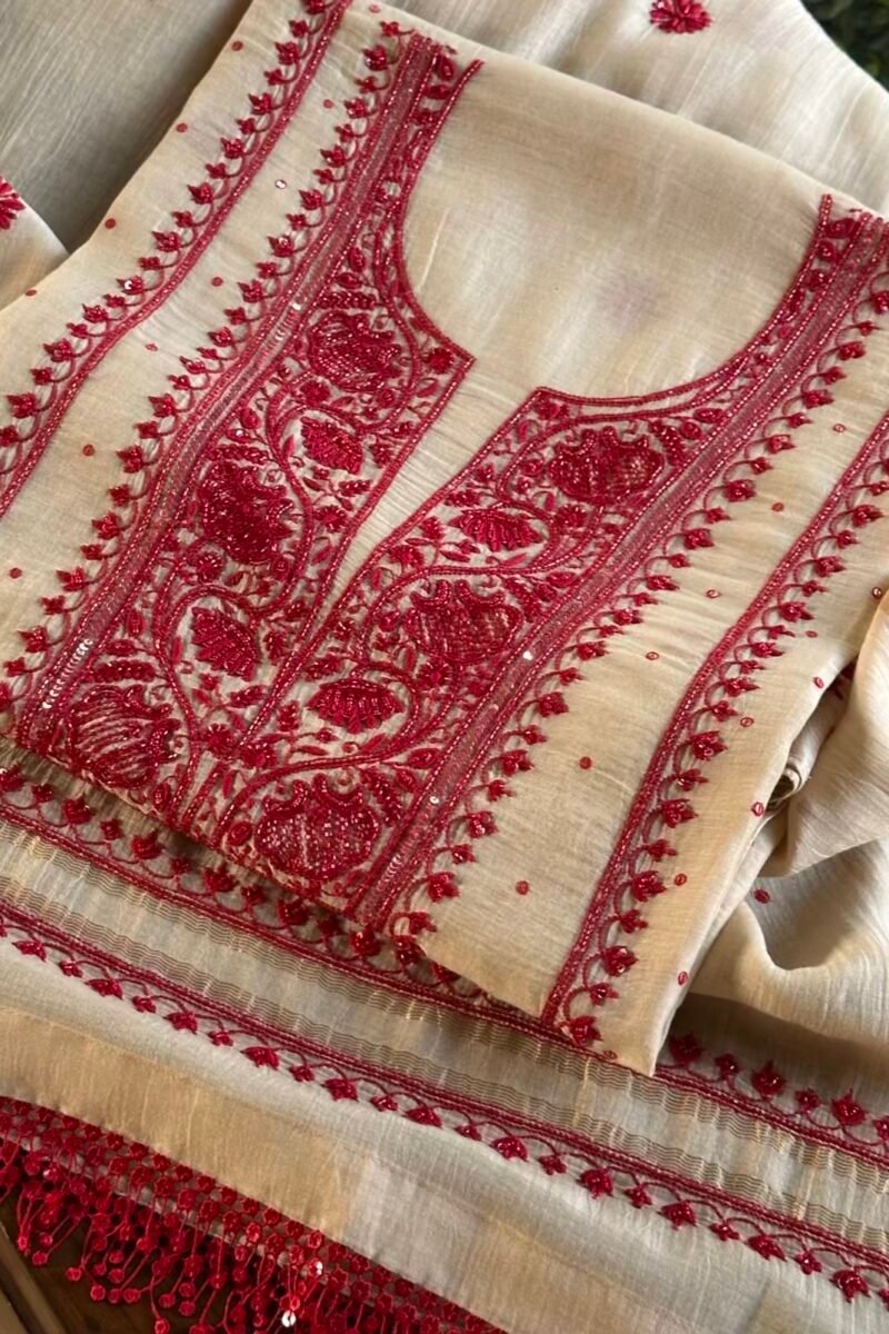 Beige & Red Mal Chanderi Silk Chikankari With Sequins Unstitched Kurta Dupatta Set