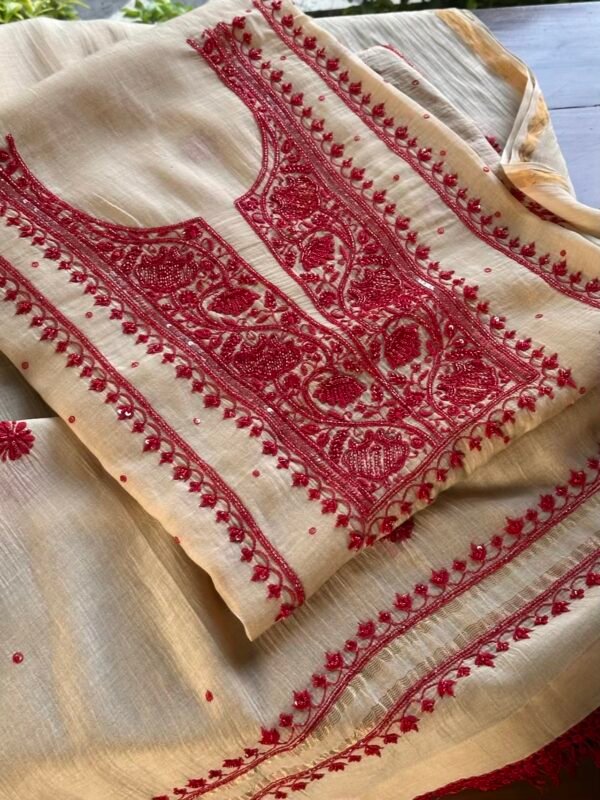 Beige & Red Mal Chanderi Silk Chikankari With Sequins Unstitched Kurta Dupatta Set