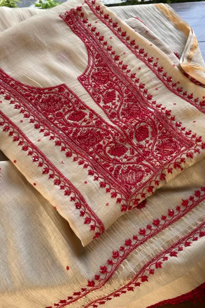 Beige & Red Mal Chanderi Silk Chikankari With Sequins Unstitched Kurta Dupatta Set