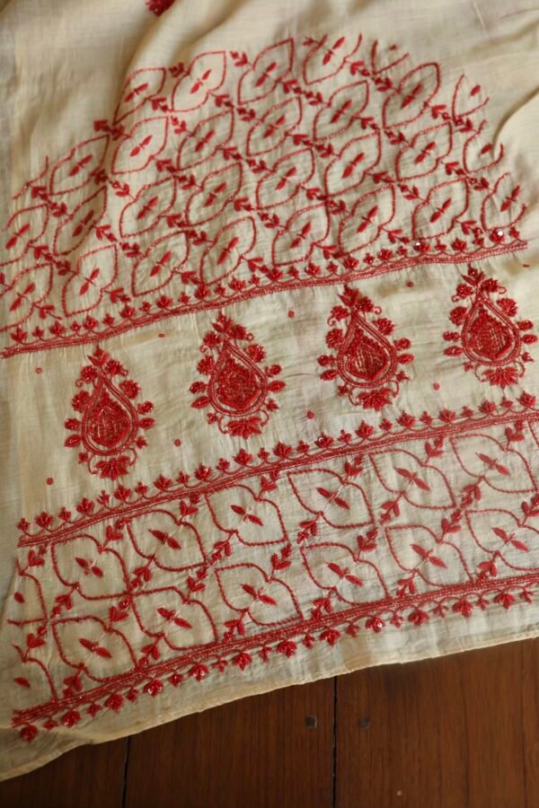 Beige & Red Mal Chanderi Silk Chikankari With Sequins Unstitched Kurta Dupatta Set - Image 9