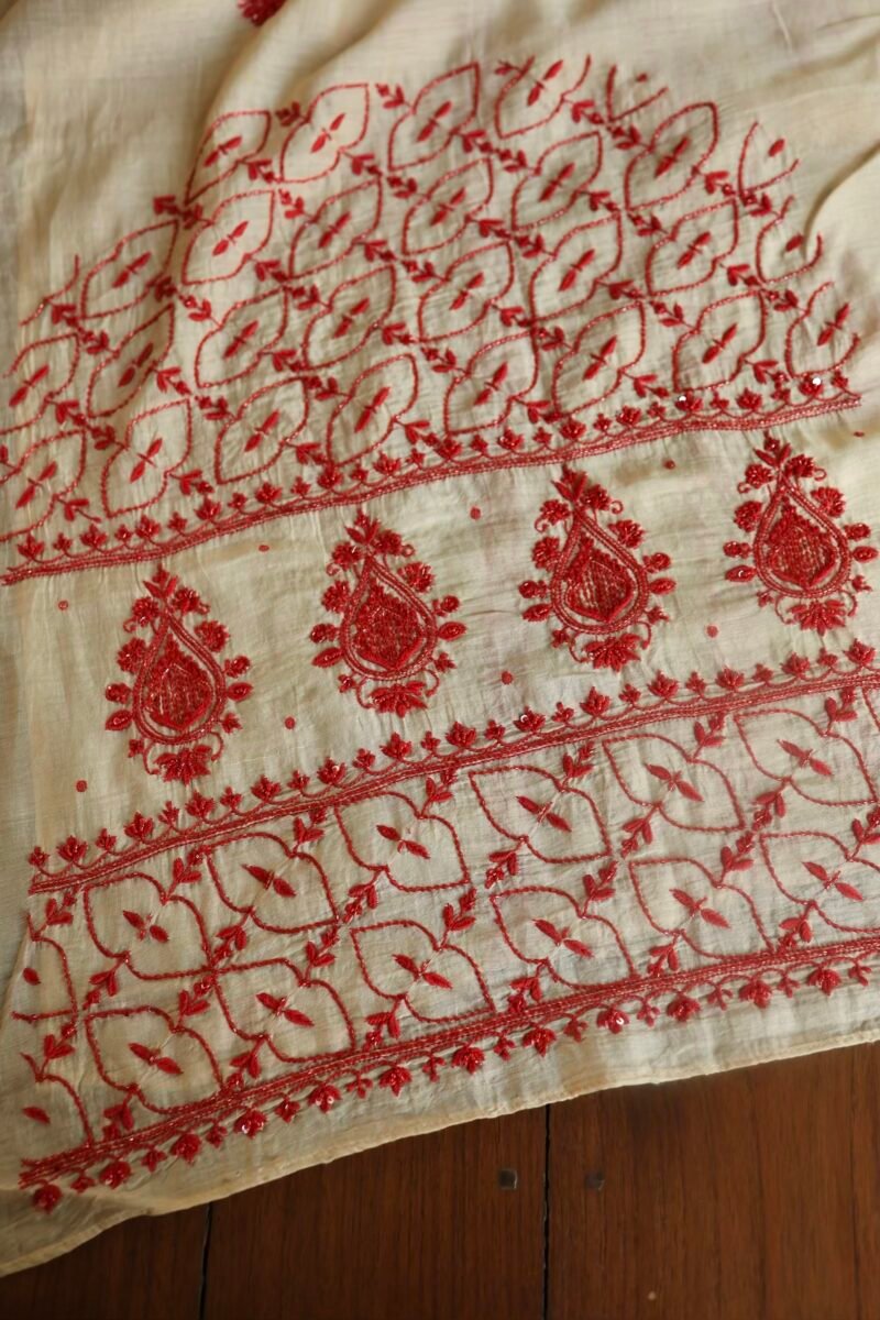 Beige & Red Mal Chanderi Silk Chikankari With Sequins Unstitched Kurta Dupatta Set