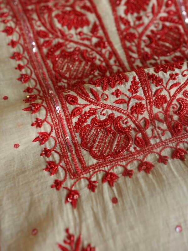 Beige & Red Mal Chanderi Silk Chikankari With Sequins Unstitched Kurta Dupatta Set - Image 2
