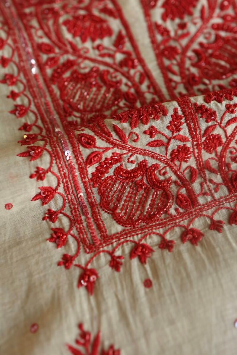 Beige & Red Mal Chanderi Silk Chikankari With Sequins Unstitched Kurta Dupatta Set