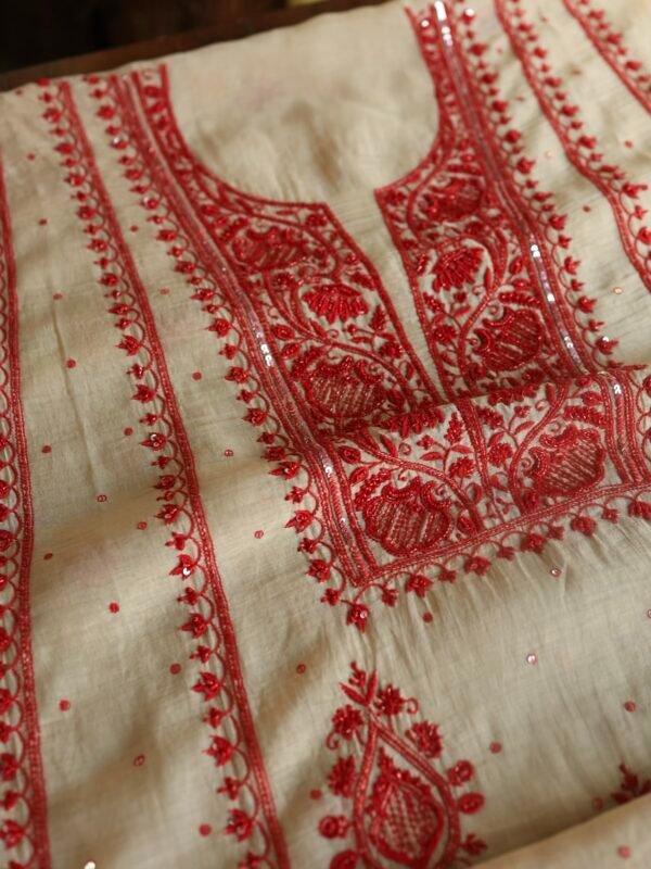Beige & Red Mal Chanderi Silk Chikankari With Sequins Unstitched Kurta Dupatta Set - Image 5