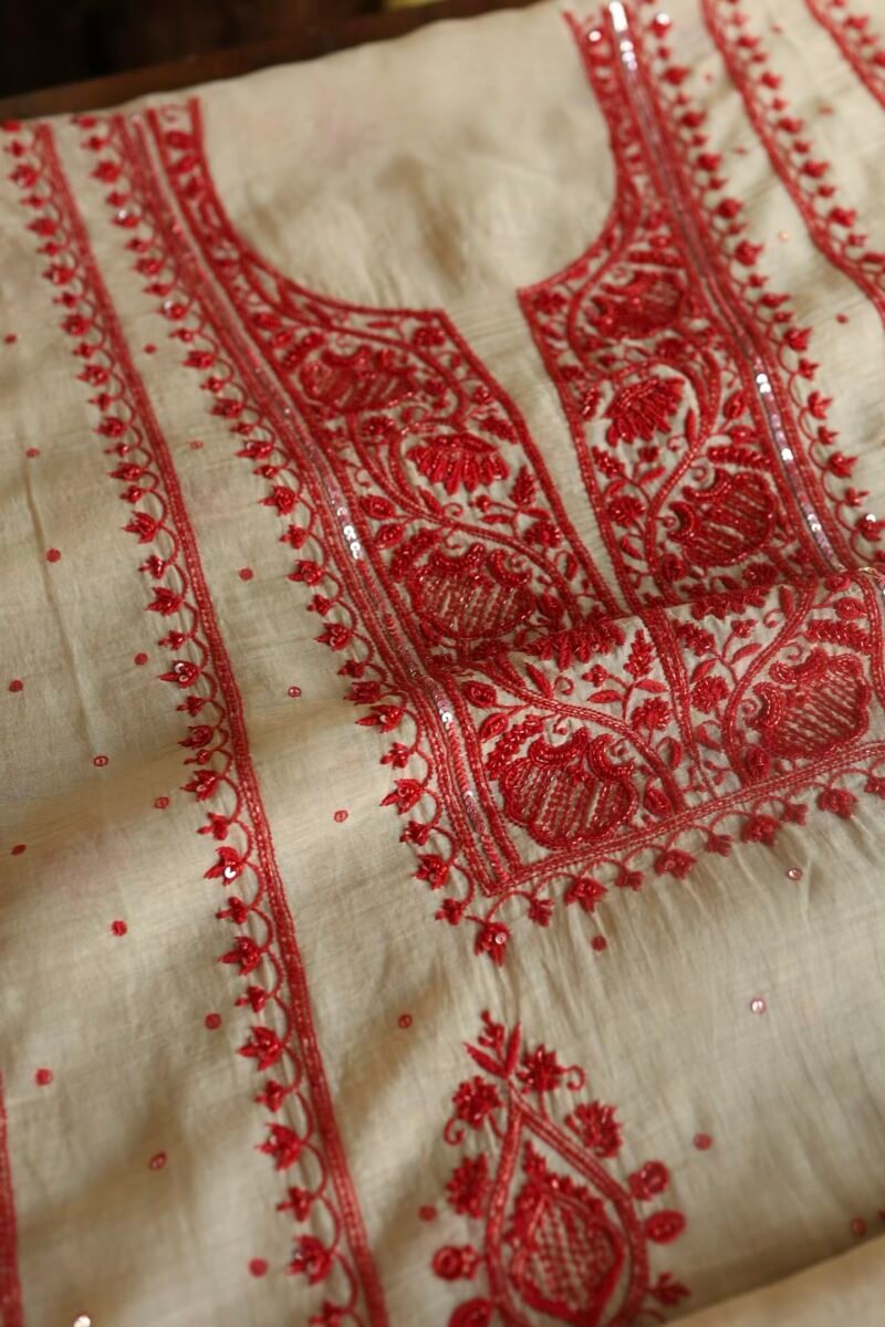 Beige & Red Mal Chanderi Silk Chikankari With Sequins Unstitched Kurta Dupatta Set