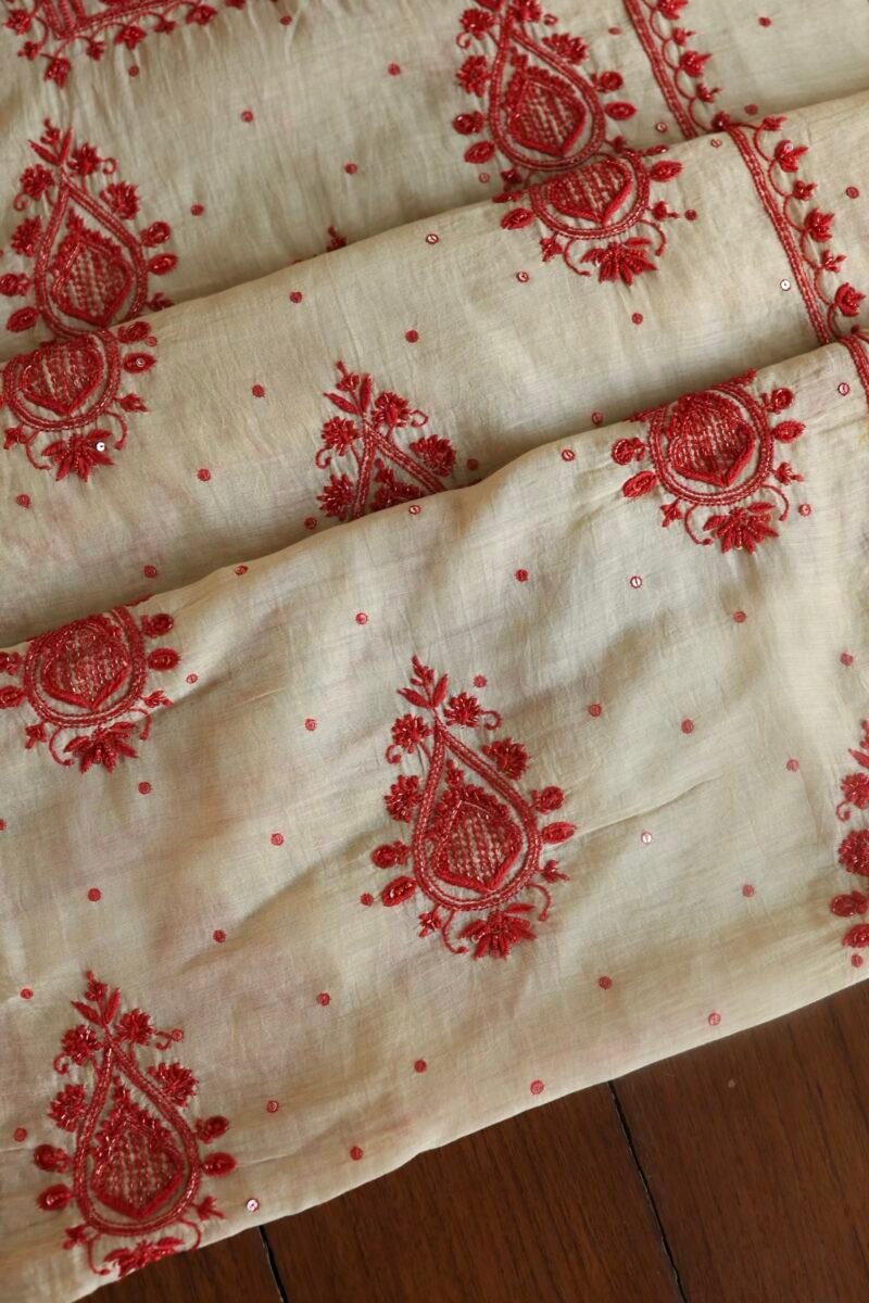 Beige & Red Mal Chanderi Silk Chikankari With Sequins Unstitched Kurta Dupatta Set