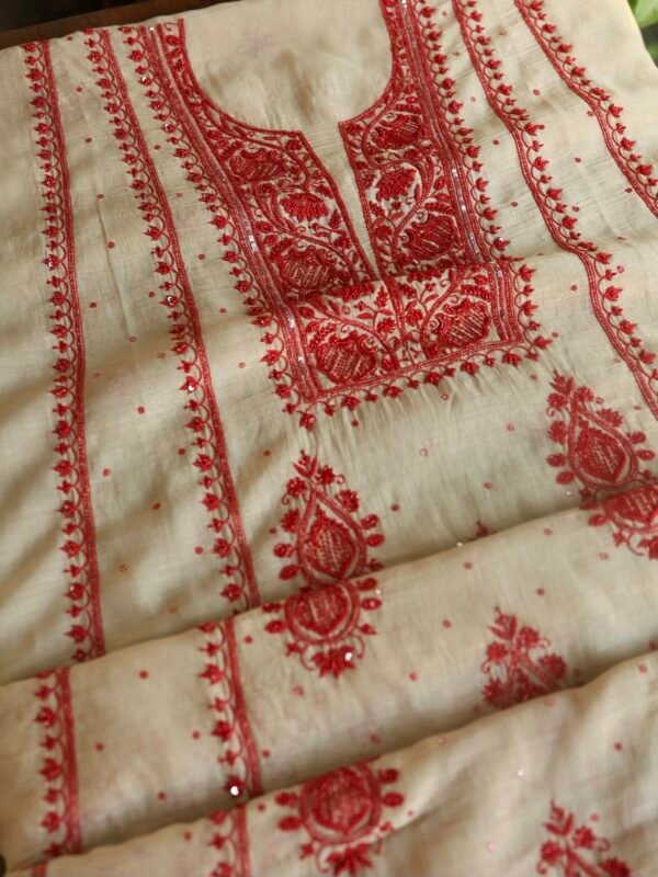 Beige & Red Mal Chanderi Silk Chikankari With Sequins Unstitched Kurta Dupatta Set - Image 7