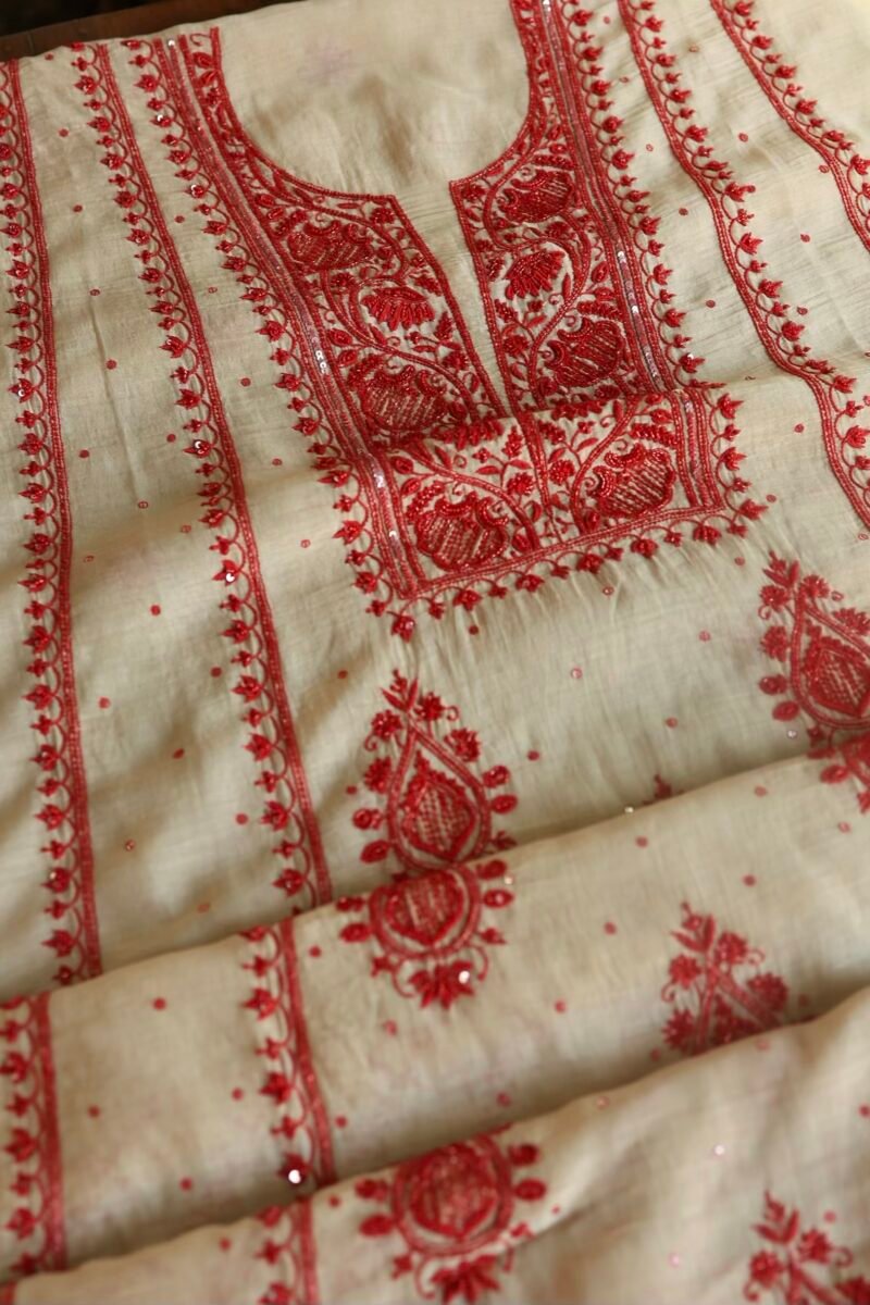 Beige & Red Mal Chanderi Silk Chikankari With Sequins Unstitched Kurta Dupatta Set