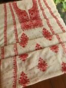 Beige & Red Mal Chanderi Silk Chikankari With Sequins Unstitched Kurta Dupatta Set