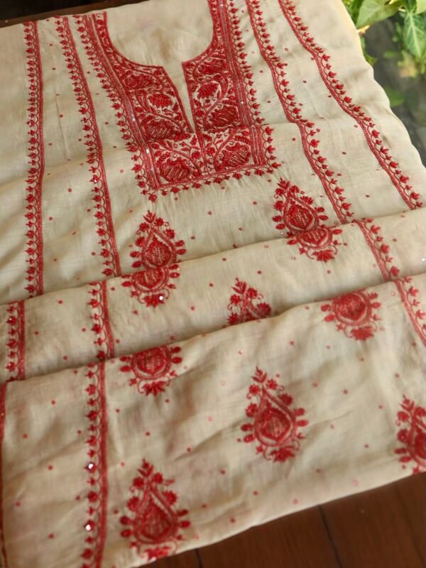 Beige & Red Mal Chanderi Silk Chikankari With Sequins Unstitched Kurta Dupatta Set - Image 6