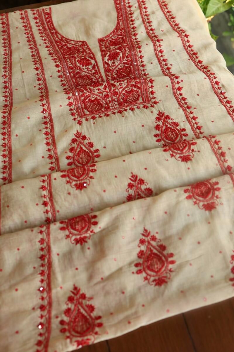 Beige & Red Mal Chanderi Silk Chikankari With Sequins Unstitched Kurta Dupatta Set