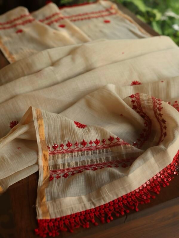 Beige & Red Mal Chanderi Silk Chikankari With Sequins Unstitched Kurta Dupatta Set - Image 10