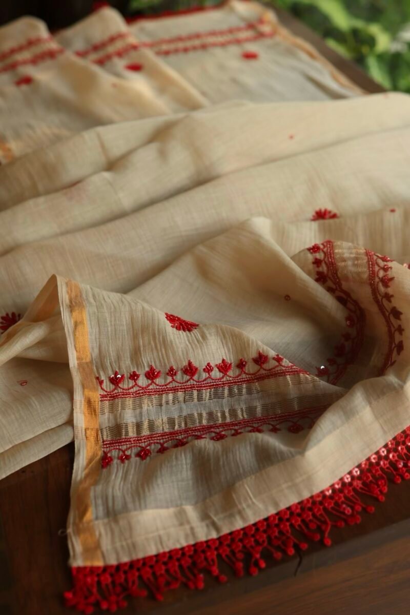 Beige & Red Mal Chanderi Silk Chikankari With Sequins Unstitched Kurta Dupatta Set