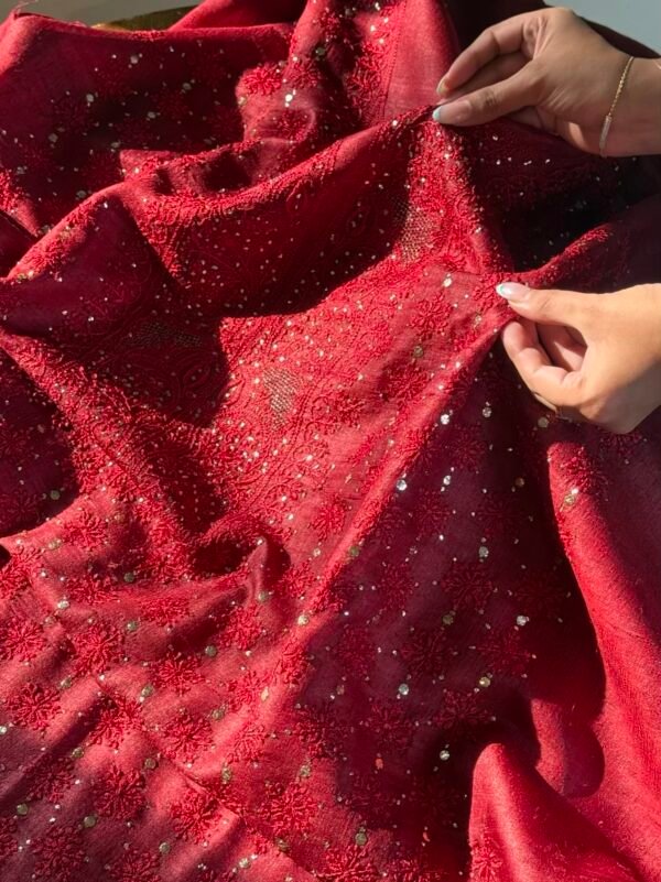 Roheen Red Tussar Silk Chikankari Unstitched Kurta Dupatta Fabrics Set - Image 10