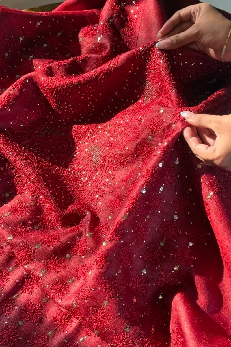 Roheen Red Tussar Silk Chikankari Unstitched Kurta Dupatta Fabrics Set