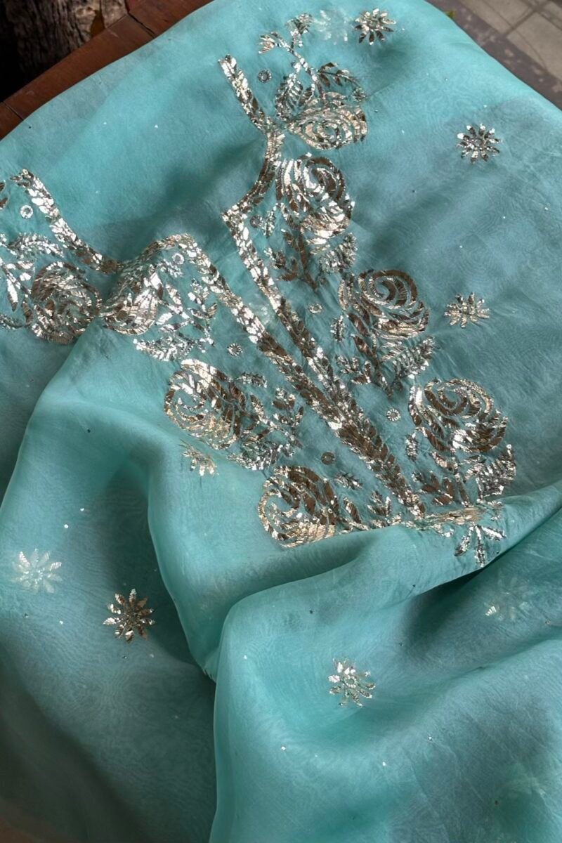Aqua Mint Noor Organza Silk Mukaish Badla Unstitched Kurta Dupatta Set