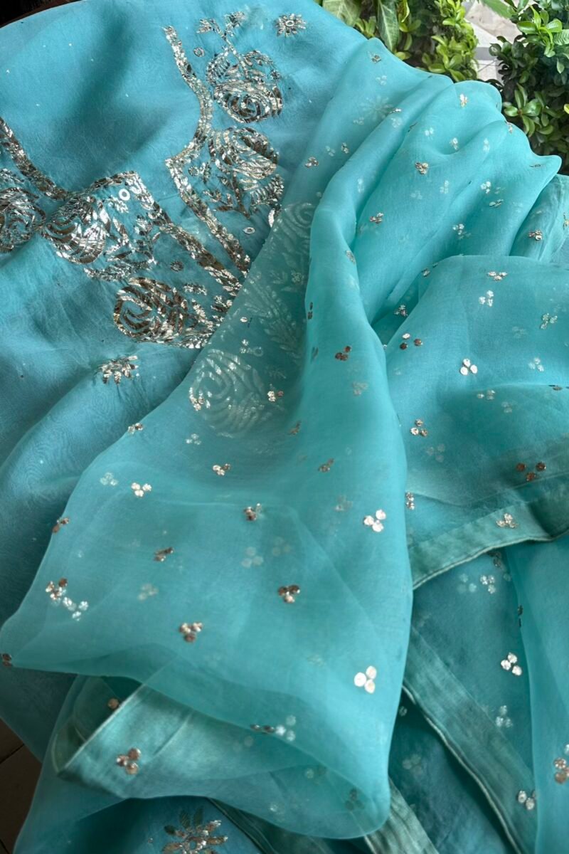 Aqua Mint Noor Organza Silk Mukaish Badla Unstitched Kurta Dupatta Set