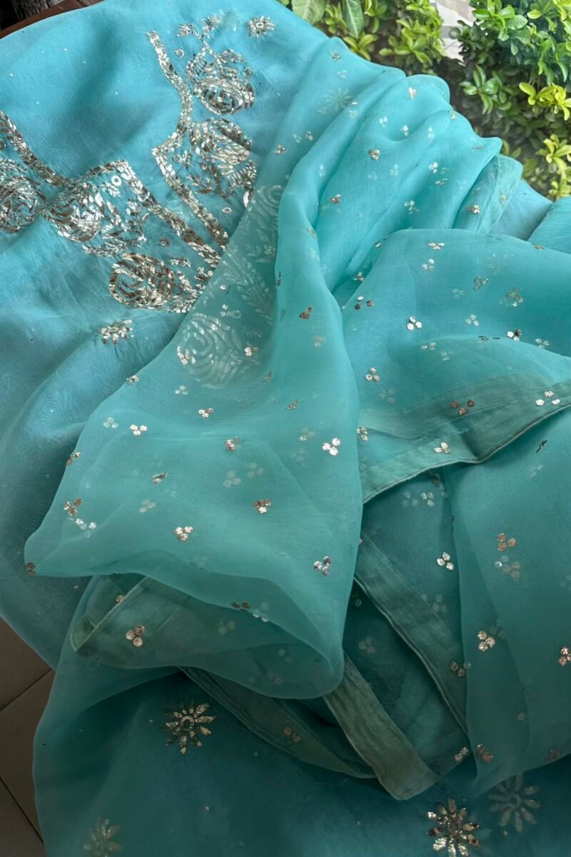 Aqua Mint Noor Organza Silk Mukaish Badla Unstitched Kurta Dupatta Set