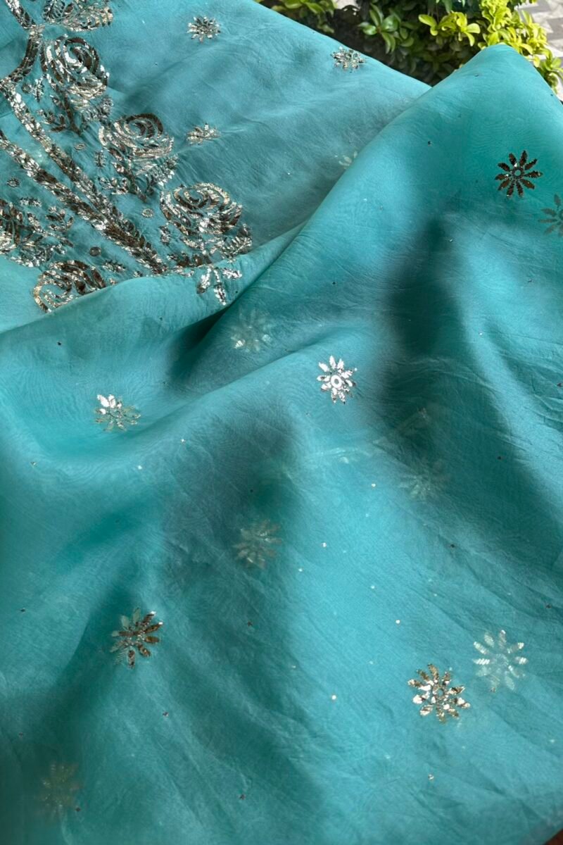 Aqua Mint Noor Organza Silk Mukaish Badla Unstitched Kurta Dupatta Set