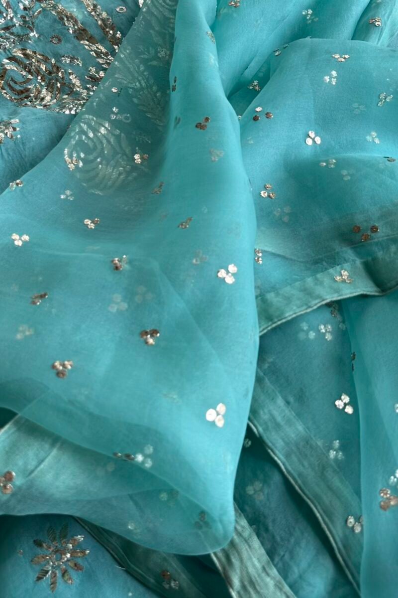Aqua Mint Noor Organza Silk Mukaish Badla Unstitched Kurta Dupatta Set