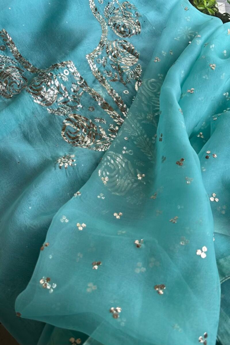 Aqua Mint Noor Organza Silk Mukaish Badla Unstitched Kurta Dupatta Set