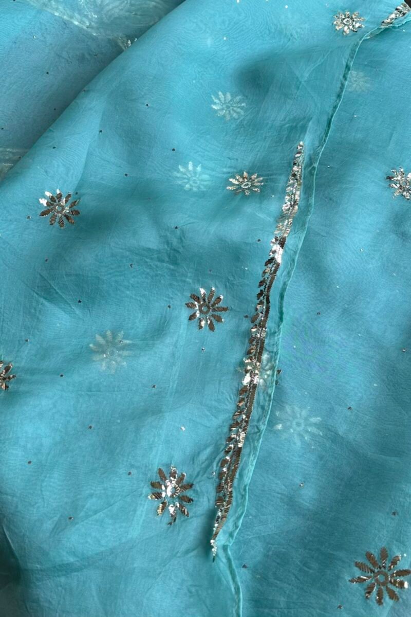 Aqua Mint Noor Organza Silk Mukaish Badla Unstitched Kurta Dupatta Set