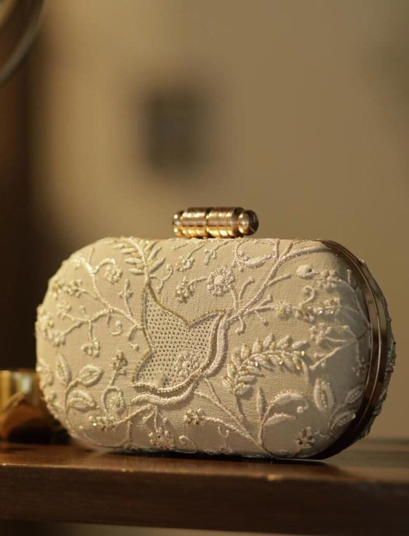 Off White Handcrafted Chikankari With Ari & Pearl Work Sling Clutch