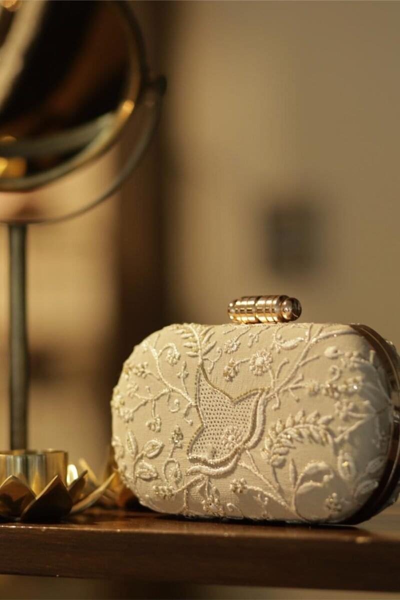 Off White Handcrafted Chikankari With Ari & Pearl Work Sling Clutch