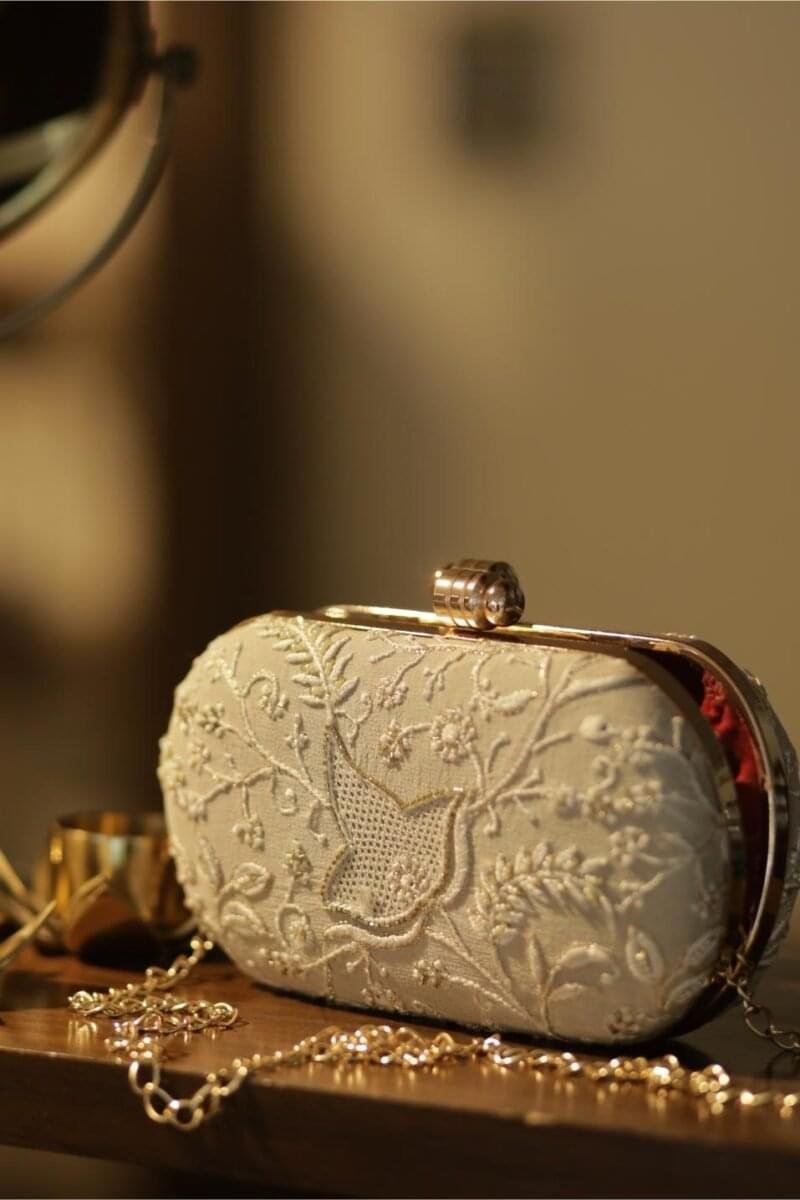 Off White Handcrafted Chikankari With Ari & Pearl Work Sling Clutch