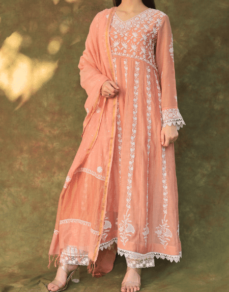 Dusty Rose Malmal Pearl Work Chikankari Anarkali With Dupatta