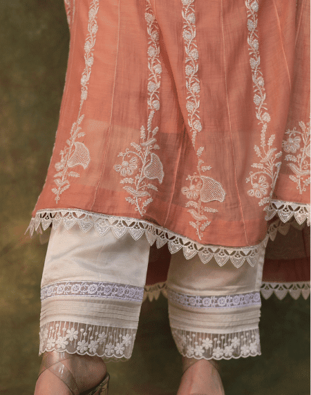 Dusty Rose Malmal Pearl Work Chikankari Anarkali With Dupatta