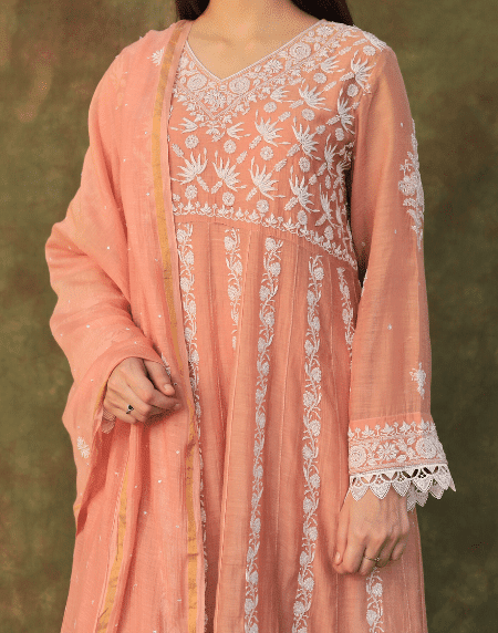 Dusty Rose Malmal Pearl Work Chikankari Anarkali With Dupatta