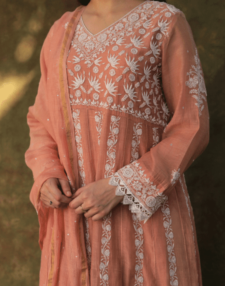 Dusty Rose Malmal Pearl Work Chikankari Anarkali With Dupatta